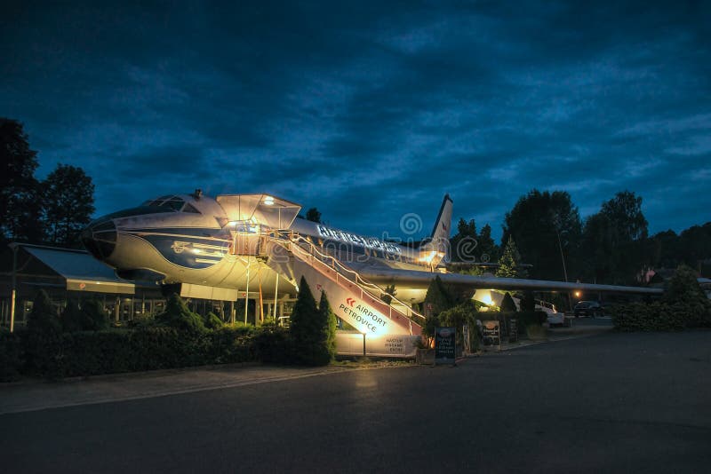 Petrovice, Ustecky kraj, Czech republic - June 09, 2019: airliner Tupolev T-104 today functioning as a restaurant. Petrovice, Ustecky kraj, Czech republic - June 09, 2019: airliner Tupolev T-104 today functioning as a restaurant