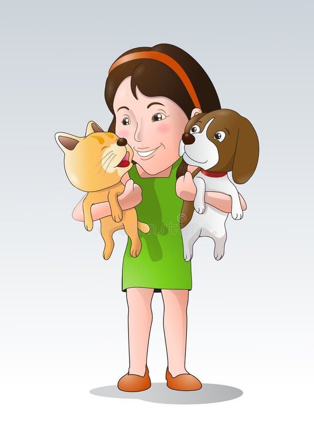 Illustrazione di un felice e sorridente ragazza che trasporta i suoi animali cane e gatto.
