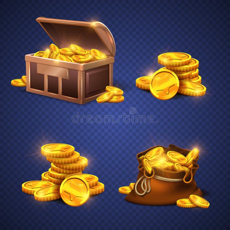 Petto di legno e grande vecchia borsa con le monete di oro, pila dei soldi