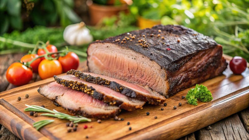 Petto di manzo a fette servito su una tavola di legno con erbe fresche e verdure in una posizione esterna di scarico. aizione gene royalty illustrazione gratis