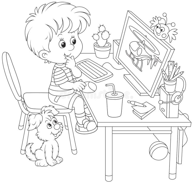 Black and white vector illustration of a boy sitting at his table in front of a computer monitor. Black and white vector illustration of a boy sitting at his table in front of a computer monitor