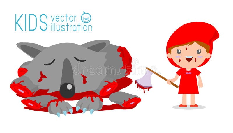 Peu de Hood Kills The Wolf de monte rouge, peu de capuchon rouge et loup, peu de capuchon rouge illustration libre de droits Peu de Hood Kills The Wolf de monte rouge, peu de capuchon rouge et loup, peu de capuchon rouge illustration libre de droits