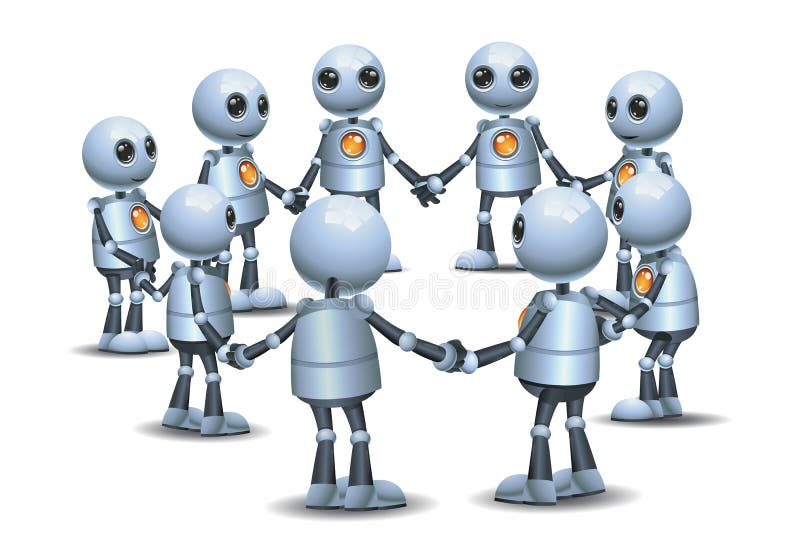 Peu de robot tenant la main faisant le cercle dans le groupe illustration stock Peu de robot tenant la main faisant le cercle dans le groupe illustration stock