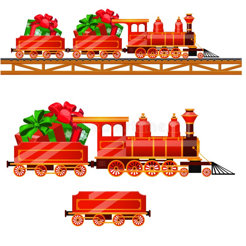 Peu train rouge avec des chariots par chemin de fer porte des boîtes avec des cadeaux de Noël d'isolement sur un fond blanc Dessi illustration stock Peu train rouge avec des chariots par chemin de fer porte des boîtes avec des cadeaux de Noël d'isolement sur un fond blanc Dessi illustration stock