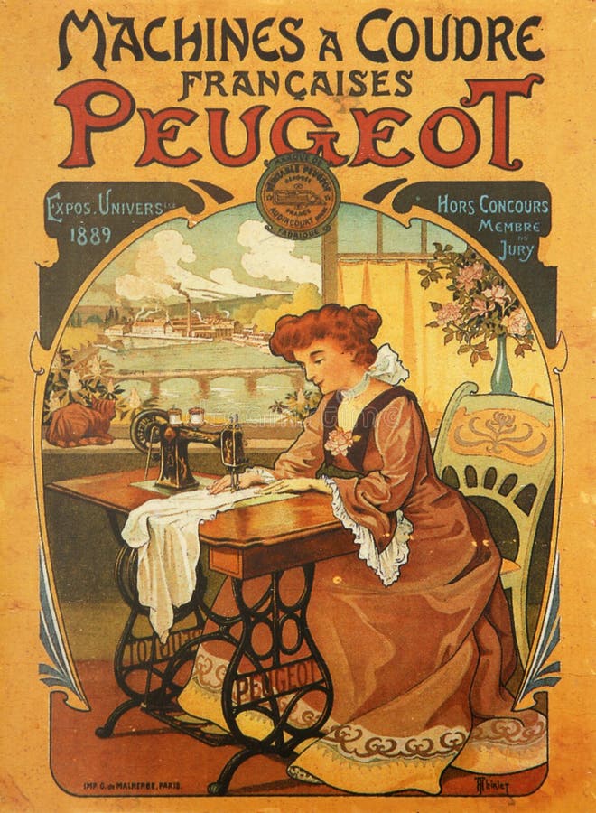 Vintage advertisement for Peugeot on a tin plate. Peugeot - nowadays a French car manufacturer - used to make sewing machines at the end of 19th century.