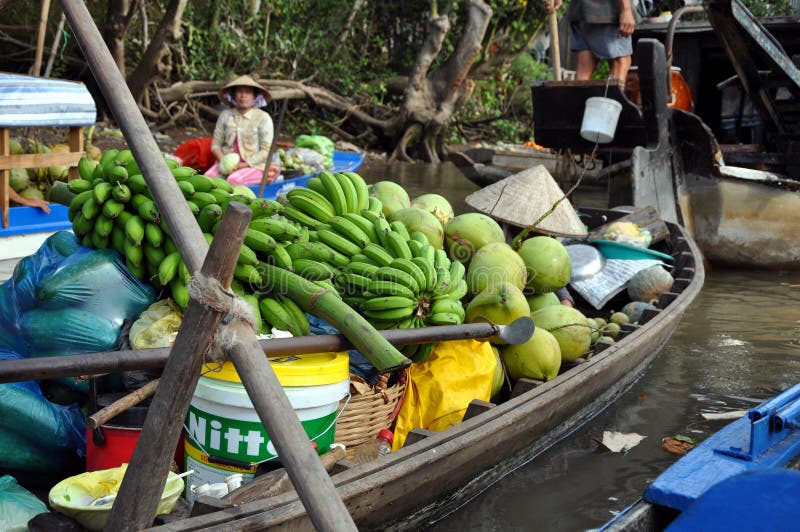 Vendeurs de bateau au marché de flottement de Tho de boîte, delta du Mékong, Vietnam photo stock Vendeurs de bateau au marché de flottement de Tho de boîte, delta du Mékong, Vietnam photo stock