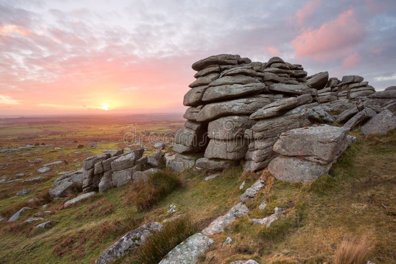 Sunset from Pew Tor Dartmoor national park Devon Uk