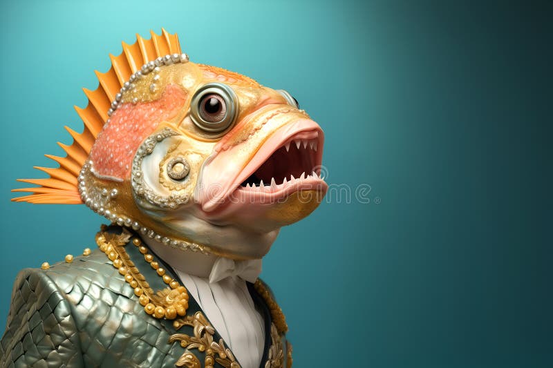 Creative animal concept. Piranha fish in glam fashionable couture high end outfits isolated on bright background advertisement, copy space. birthday party invite invitation banner. Creative animal concept. Piranha fish in glam fashionable couture high end outfits isolated on bright background advertisement, copy space. birthday party invite invitation banner