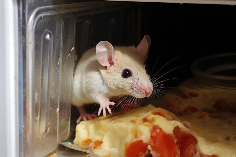 Pezzettini di topo sulla pizza avanzata nel frigo immagine stock