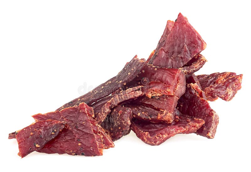 Pezzi di deliziosa carne macinata di maiale isolati su fondo bianco. Figlio di carne di manzo essiccata e contrattata fotografie stock libere da diritti