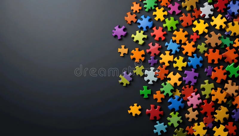 Pezzi di puzzle colorati sparsi sullo sfondo scuro da AI Generato. Riprese complete di diversi pezzi di puzzle colorati sparsi su una superficie grigia scura.