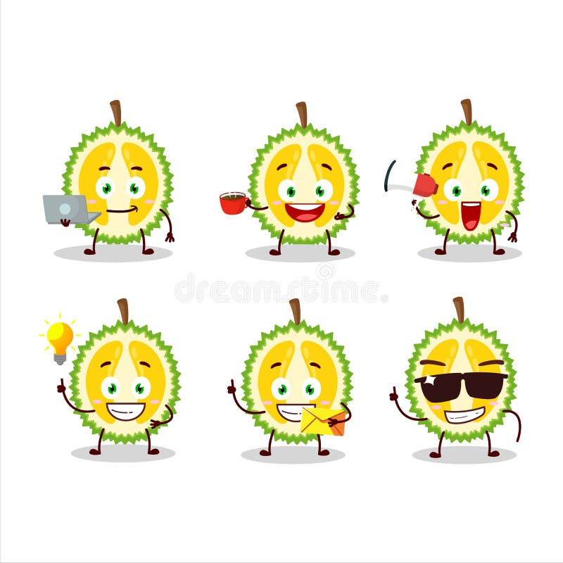 Pezzo di cartone animato di durian con vari tipi di emoticon illustrazione vettoriale