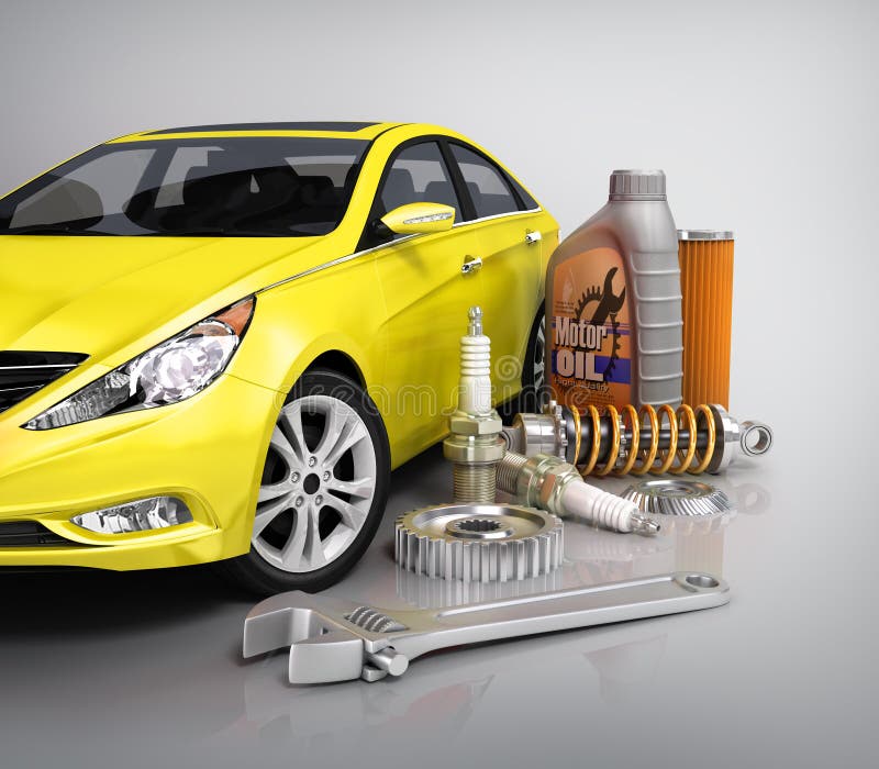 Peças de automóvel com carro bonito ilustração do vetor Peças de automóvel com carro bonito ilustração do vetor
