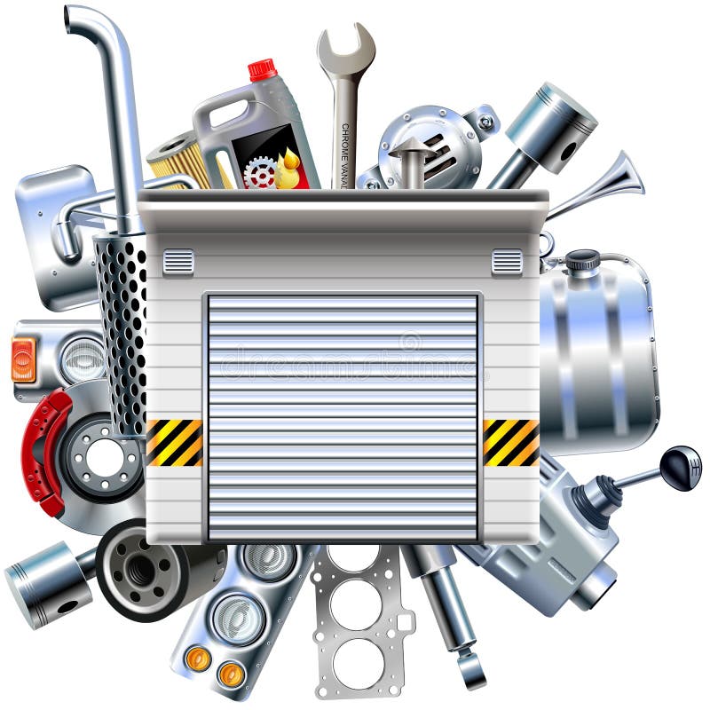 Peças do carro do vetor com garagem ilustração stock Peças do carro do vetor com garagem ilustração stock