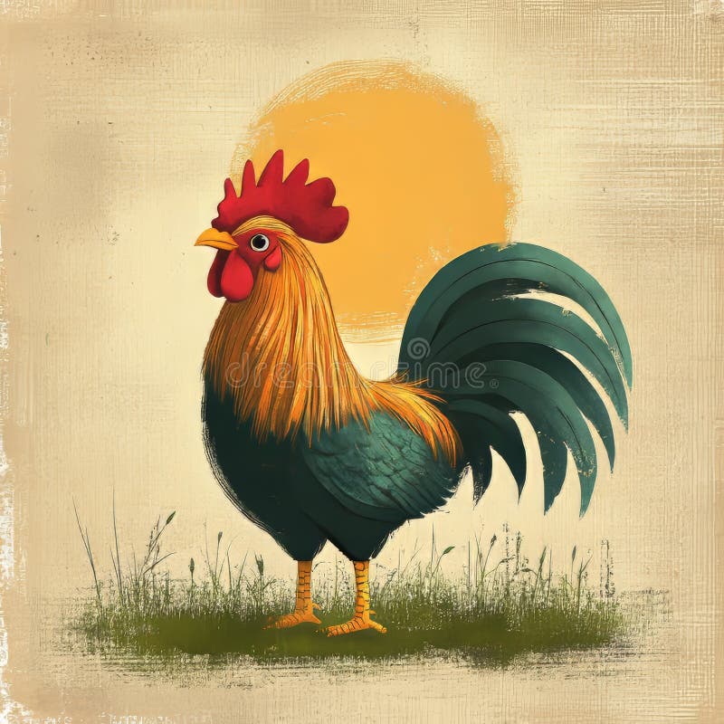 Pełen księżyc świeci na kogucie w polu uchwyconym w tętniącej życiem ilustracji akwarelowej na białym tle zdjęcie royalty free