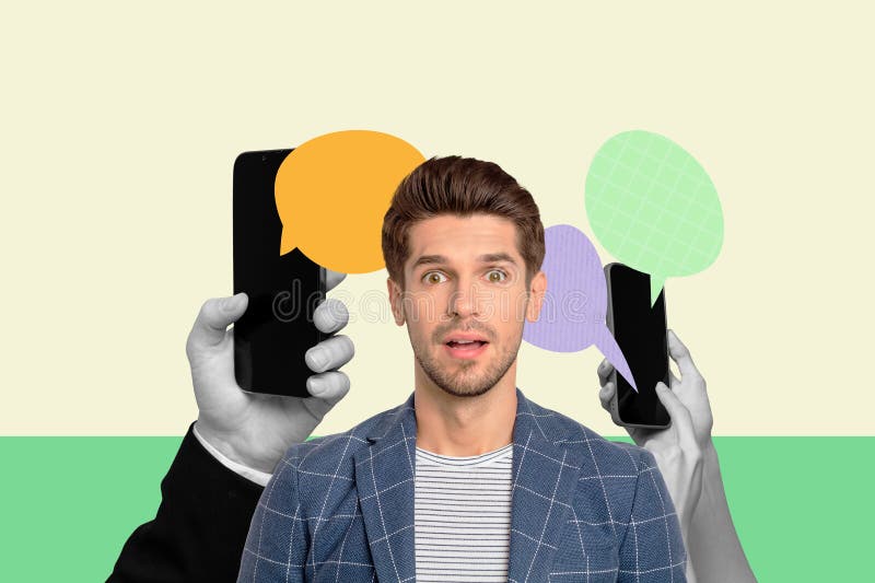 Pełne 3d plakat sztuki kolaż szczęśliwej dziewczyny stoją bańki ręce trzymają komunikację telefoniczną chatterbox mowa bazgroły zdjęcie royalty free