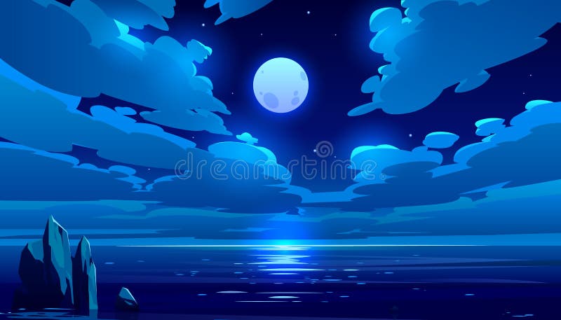 Pełnoksiężycowa nocna przestrzeń oceaniczna lub morska, księżycowa