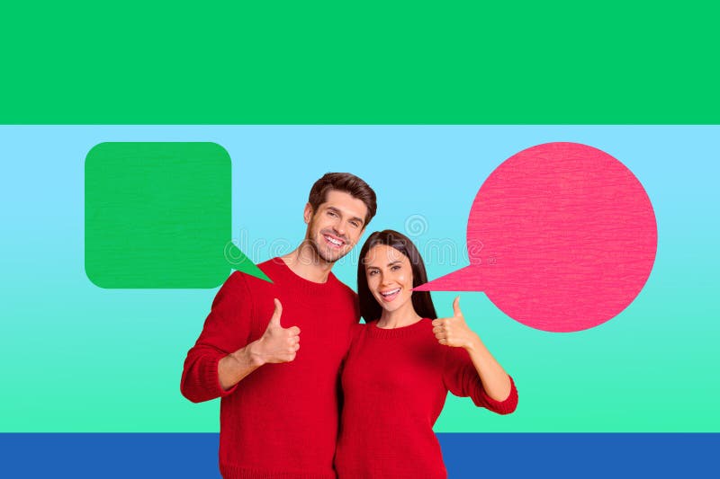 Pełny obraz 3d plakat sztuki kolaż szczęśliwej dziewczyny facet stojący bąbelkowy komunikacyjny chatterbox dialog ikona mowy zdjęcie stock