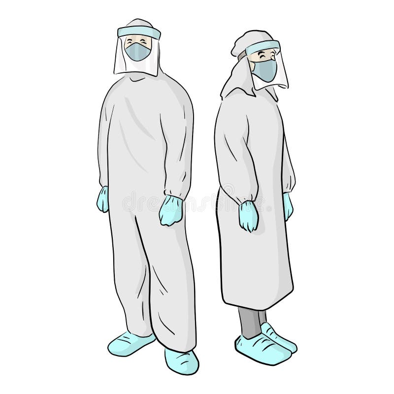 Full length view male and female doctors in protective hazmat PPE suit wearing medical latex gloves vector illustration sketch doodle hand drawn isolated on white background. Full length view male and female doctors in protective hazmat PPE suit wearing medical latex gloves vector illustration sketch doodle hand drawn isolated on white background.