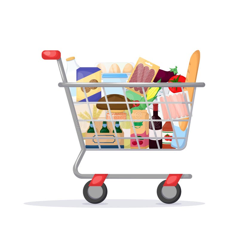 pełny wózka na zakupy Sklep spożywczy, supermarket Set świeży, zdrowy i naturalny produkt, wektor ilustracji pełny wózka na zakupy Sklep spożywczy, supermarket Set świeży, zdrowy i naturalny produkt, wektor ilustracji