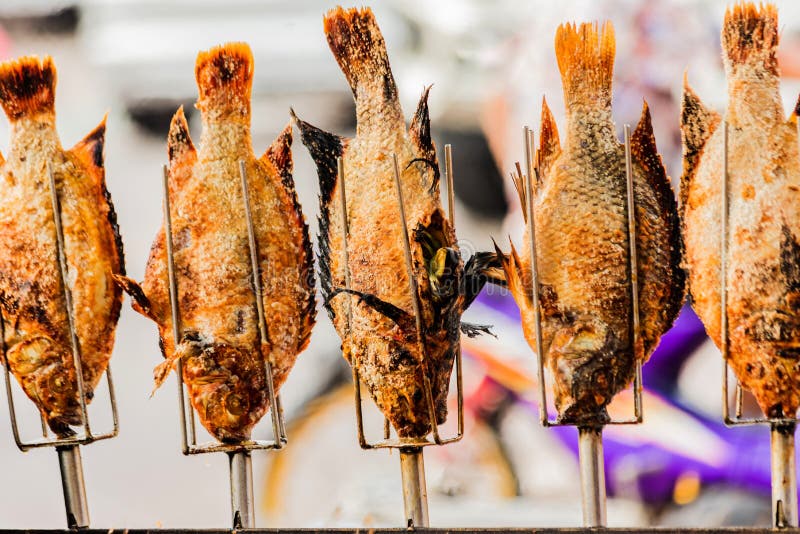 Pește tilapia la grătar cu ierburi, mâncare asiatică sănătoasă, cu gust bun stock images