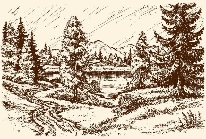 Pfad zum See Vektor-Landschaft lizenzfreie abbildung Pfad zum See Vektor-Landschaft lizenzfreie abbildung