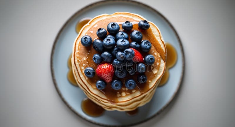 Pfannkuchen mit Blaubeeren, Erdbeeren und Ahornsirup auf einem Teller. stockbilder