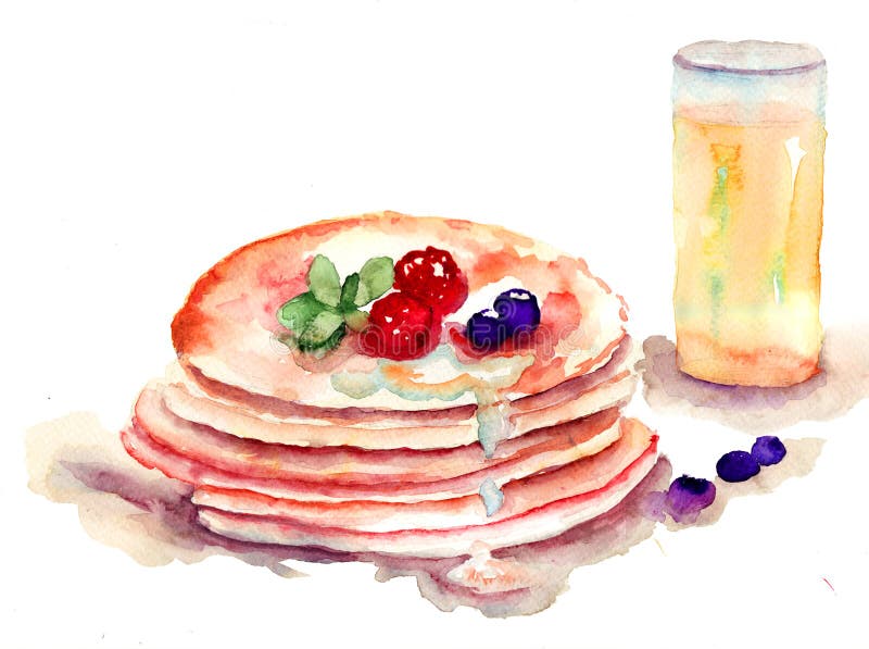 Pfannkuchen stapeln mit frischen Beeren und Saft stock abbildung Pfannkuchen stapeln mit frischen Beeren und Saft stock abbildung