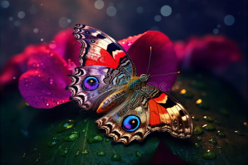 Pfauenschmetterling auf einer strahlenden violetten roten Blüte generative ai generiert stockfotografie