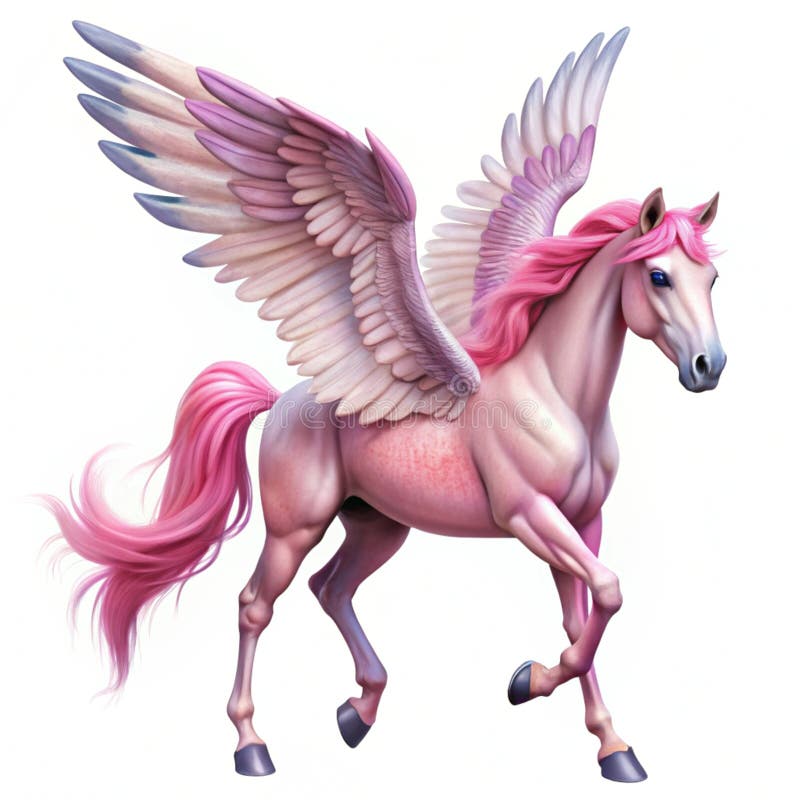 Pferd mit rosa Flügel isoliert auf weißem Hintergrund. Fantasymotive Pferde mit weichen rosa Flügeln auf weißem Hintergrund isoliert