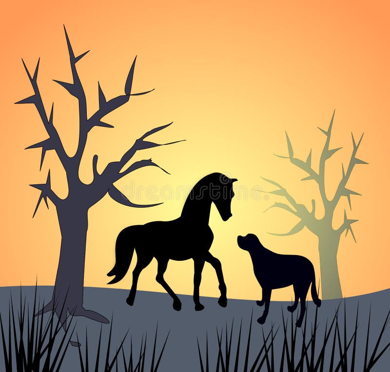 Pferd Und Hund Durch Sonnenuntergang Stock Abbildung Illustration von