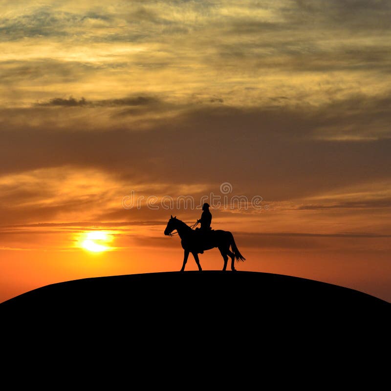Pferderueckenreiter bei Sonnenuntergang lizenzfreie abbildung Pferderueckenreiter bei Sonnenuntergang lizenzfreie abbildung