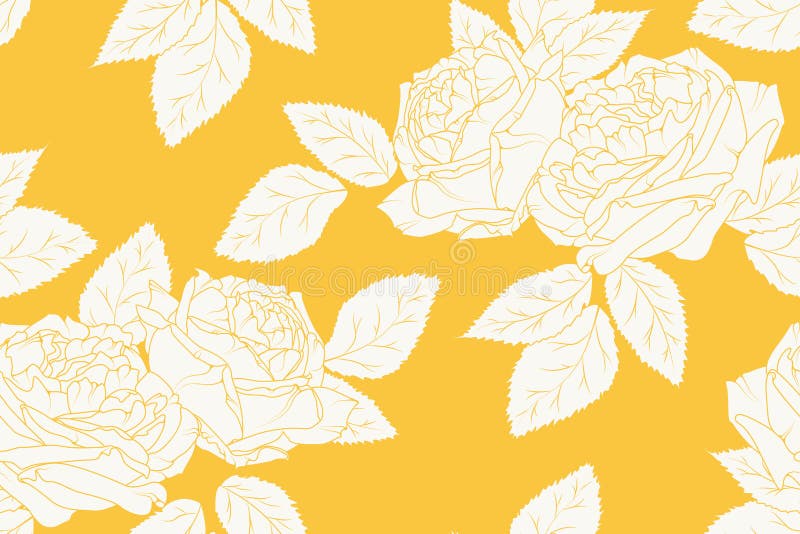 Pfingstrosen stiegen Linie nahtloses mit Blumenmuster der Skizzenzeichnung Weiß auf hellem gelb-orangeem Hintergrund Blüht Blumen lizenzfreie abbildung Pfingstrosen stiegen Linie nahtloses mit Blumenmuster der Skizzenzeichnung Weiß auf hellem gelb-orangeem Hintergrund Blüht Blumen lizenzfreie abbildung
