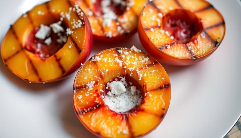 Pfirsiche in Scheiben gegrillt, Obst und Dessert gekocht und süße KI vektor abbildung