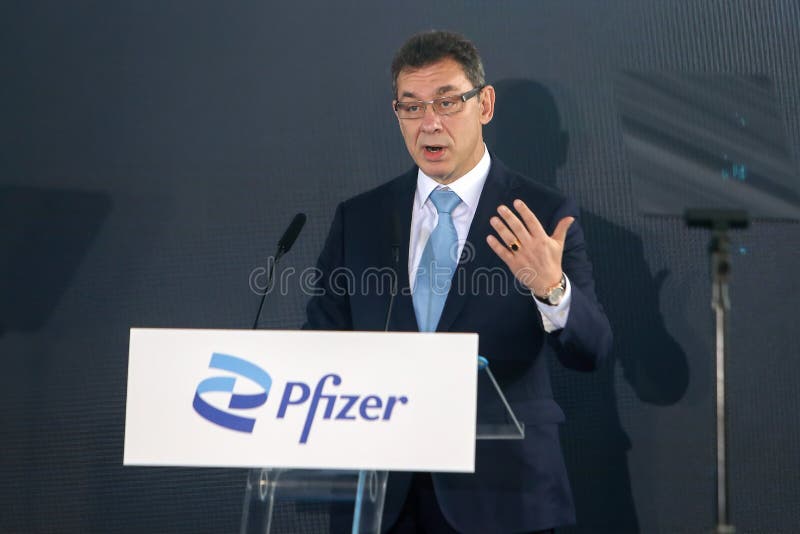 Thessaloniki, Greece,12 October 2021: Pfizer CEO Albert Bourla during the opening ceremony of the company`s new center for Digital Innovation and Business Operations and Services. Thessaloniki, Greece,12 October 2021: Pfizer CEO Albert Bourla during the opening ceremony of the company`s new center for Digital Innovation and Business Operations and Services