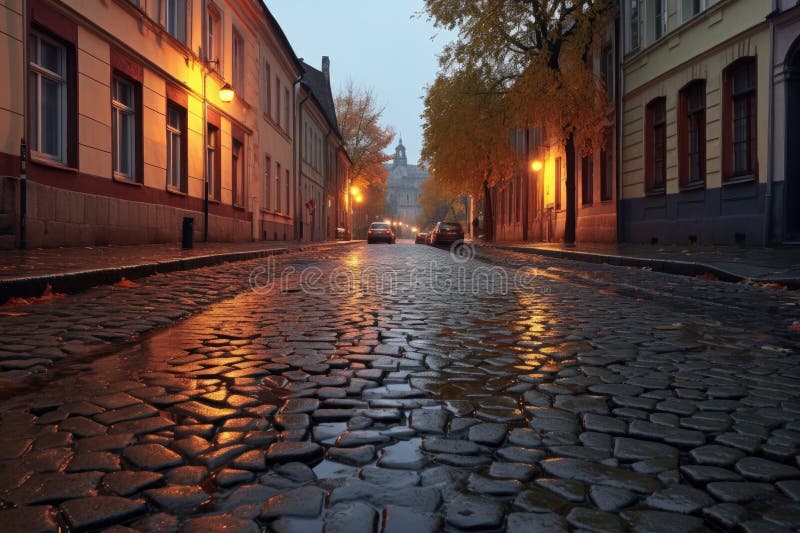 puddles on cobblestones after a night rain at dawn, created with generative ai. puddles on cobblestones after a night rain at dawn, created with generative ai