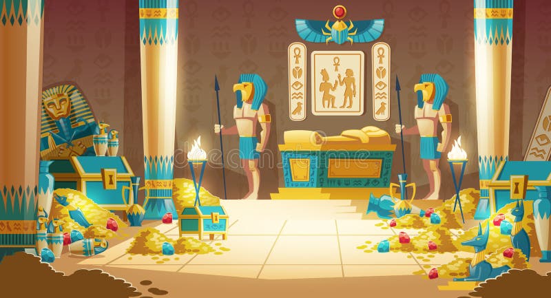 Egypt pharaoh tomb or treasury cartoon vector with warriors in masks, armed spears, standing near royal golden sarcophagus in ancient crypt full of gold coins, precious stones and mysterious artifacts. Egypt pharaoh tomb or treasury cartoon vector with warriors in masks, armed spears, standing near royal golden sarcophagus in ancient crypt full of gold coins, precious stones and mysterious artifacts