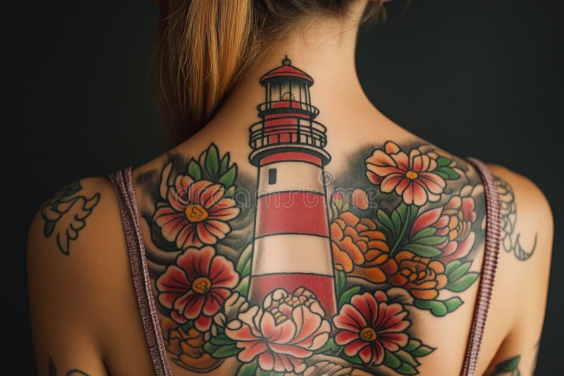Phare et tatouage de fleurs illustration de vecteur