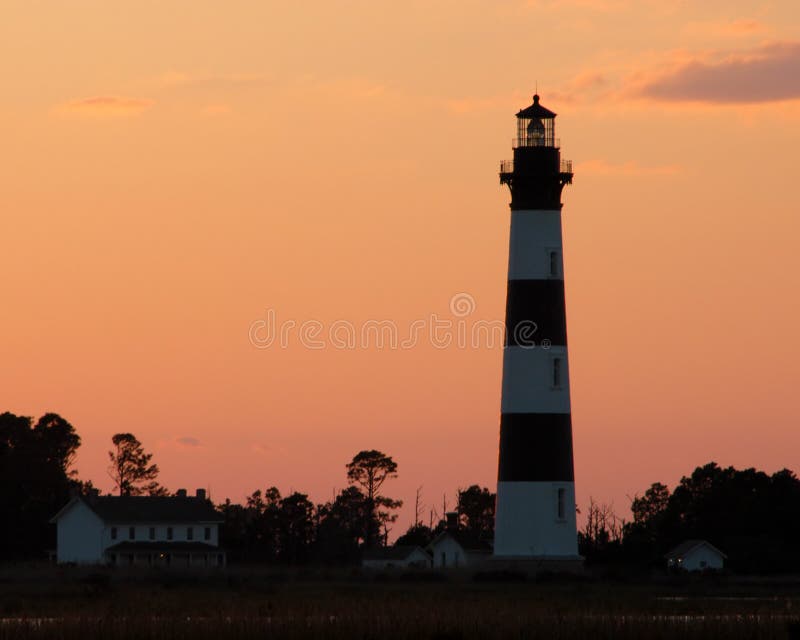 The Bodie Island, North Carolina lighthouse at sunset. The Bodie Island, North Carolina lighthouse at sunset.
