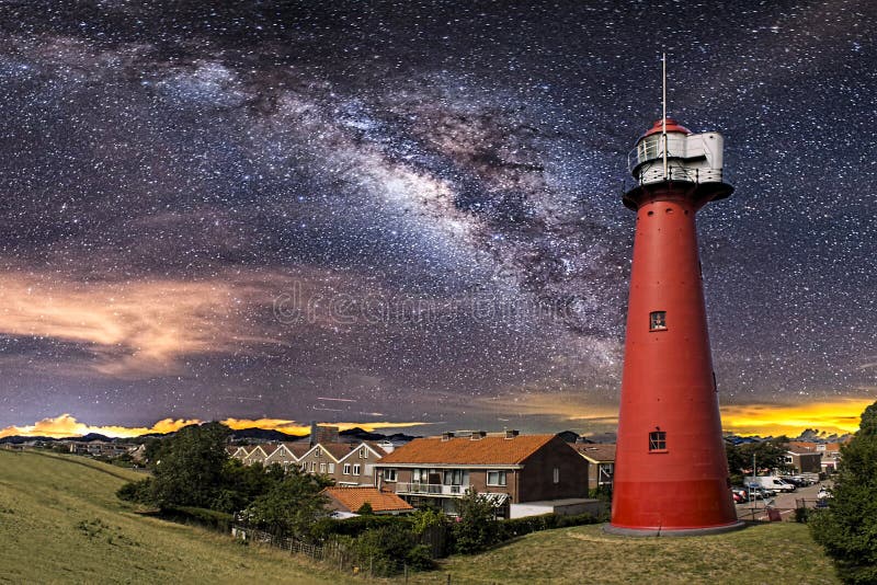 Red lighthouse under the milky way sky. Red lighthouse under the milky way sky