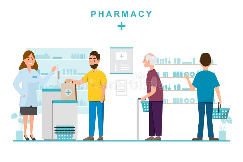 Pharmacie Avec Le Pharmacien Et Le Client Dans Le Compteur Illustration De Vecteur Illustration Du Dans Avec 151280416