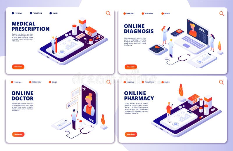 Pharmacie en ligne de vecteur, docteur en ligne, pages d'atterrissage de médecine de Web illustration stock