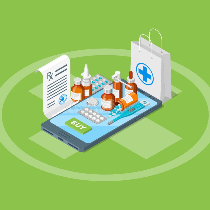 Pharmacie en ligne, illustration 3d isométrique Illustration plate Concept mobile de la pharmacie APP illustration de vecteur Pharmacie en ligne, illustration 3d isométrique Illustration plate Concept mobile de la pharmacie APP illustration de vecteur