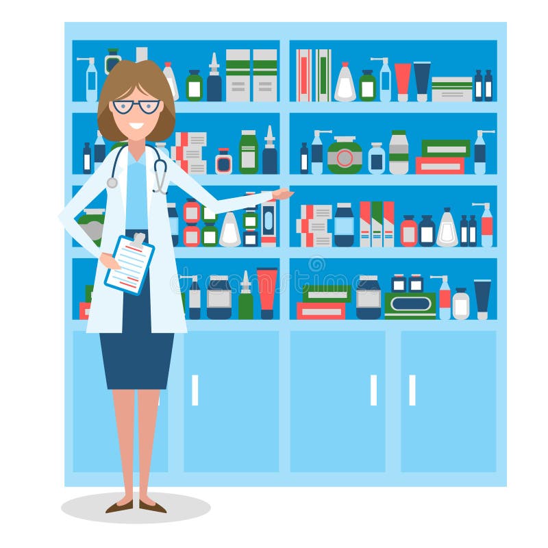Pharmacist in drug store. stock vector. Illustration of cartoon - 78574980