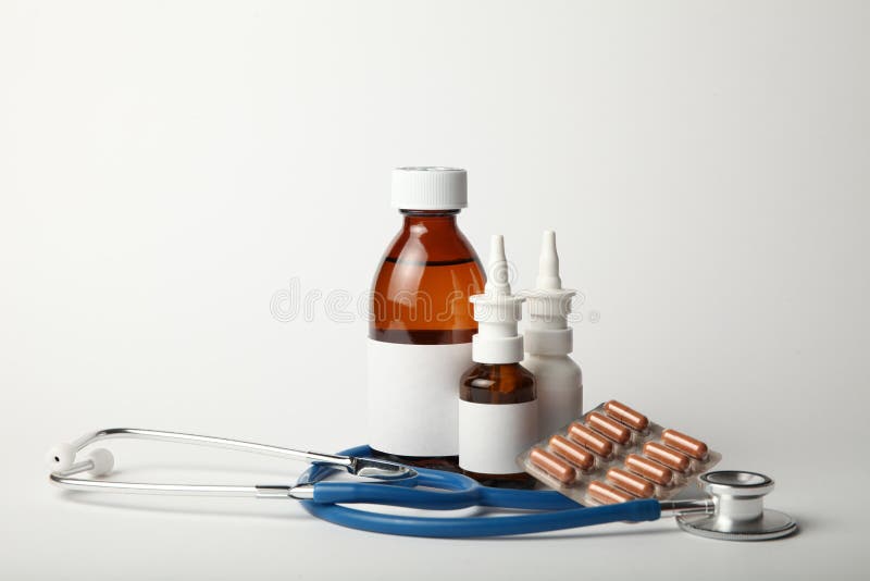 Pharmacological medicines for cold and flu virus. Antibiotics, drops spray in the nose