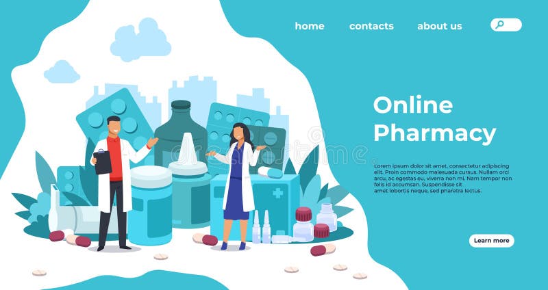Pharmacy landing page. Medical support and drugs addiction concept, blisters with pills and capsules. Vector pharmacy