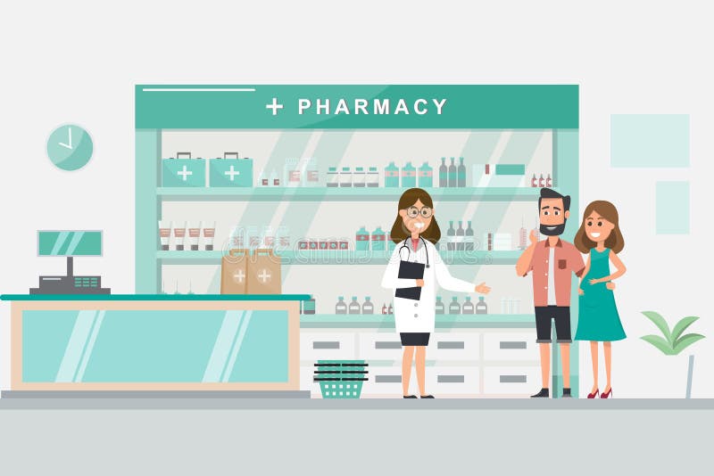 Pharmacy with Nurse in Counter. Drugstore Cartoon Character Stock ...