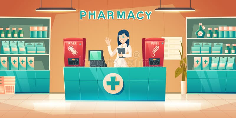 Pharmacy with Pharmacist Woman at Counter Desk Stock Vector ...