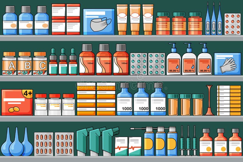Pharmacy Shelves with Medical Medicines. Cartoon Stock Vector ...