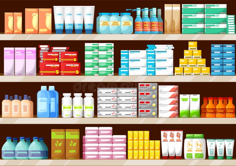 Pharmacy shelves with medical medicines. Cartoon. Vector illustration  6685039 Vector Art at Vecteezy